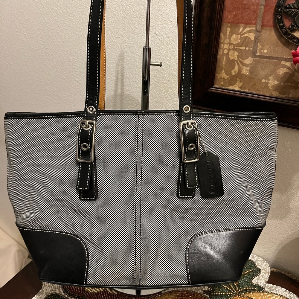 Coach Black and White fabric purse with Black and Tan Leather Straps. NWOT
